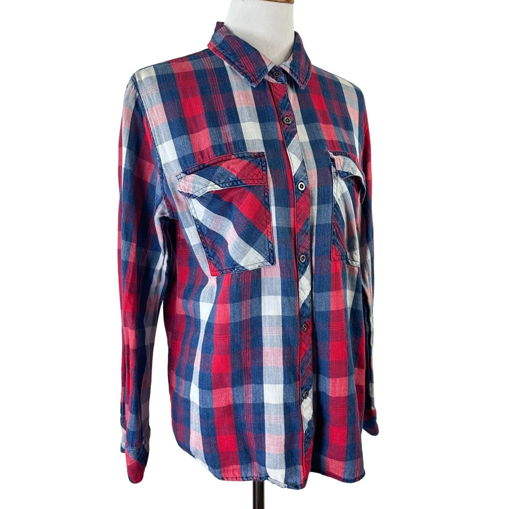 Rails Plaid Button Up Shirt Cotton Long Sleeve Patriotic Red White Blue Womens M